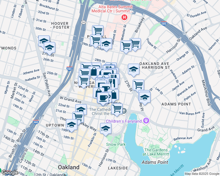 map of restaurants, bars, coffee shops, grocery stores, and more near 2400 Broadway in Oakland