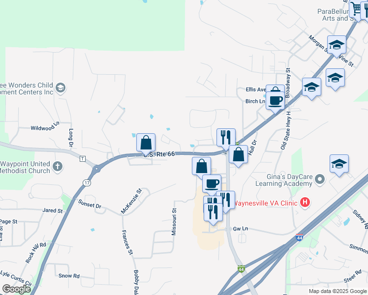 map of restaurants, bars, coffee shops, grocery stores, and more near 1508 U.S. Route 66 in Waynesville