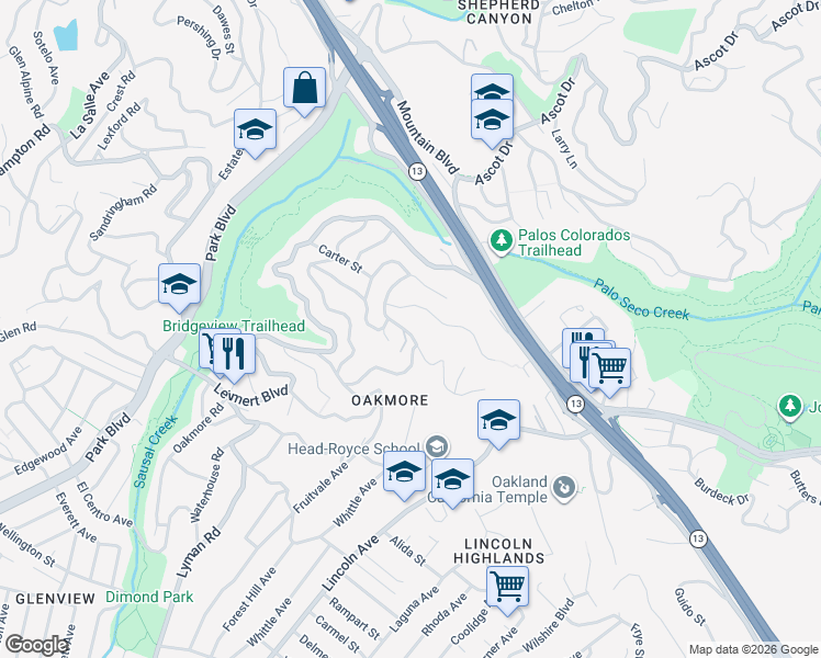 map of restaurants, bars, coffee shops, grocery stores, and more near 2038 Melvin Road in Oakland