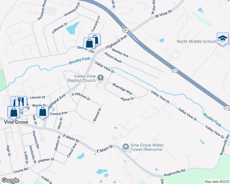 map of restaurants, bars, coffee shops, grocery stores, and more near 121 Alpine Drive in Vine Grove