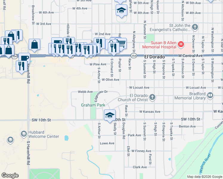 map of restaurants, bars, coffee shops, grocery stores, and more near 1414 Edgemoor Drive in El Dorado
