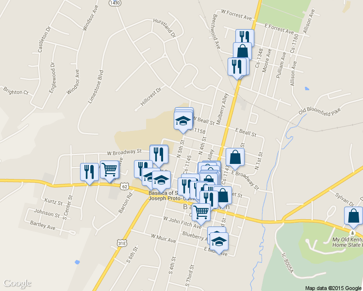 map of restaurants, bars, coffee shops, grocery stores, and more near 315 North 5th Street in Bardstown