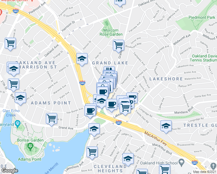 map of restaurants, bars, coffee shops, grocery stores, and more near 3349 Grand Avenue in Oakland