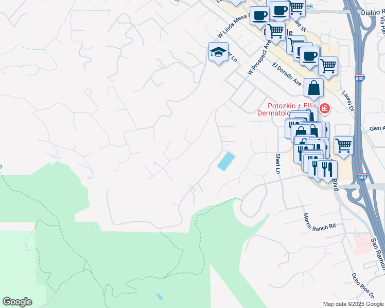 map of restaurants, bars, coffee shops, grocery stores, and more near 7 Sky Terrace in Danville