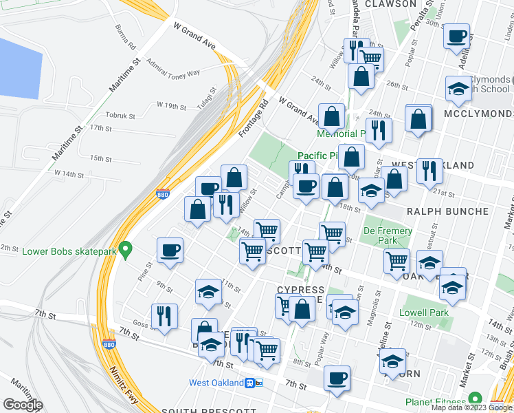 map of restaurants, bars, coffee shops, grocery stores, and more near 1673 16th Street in Oakland
