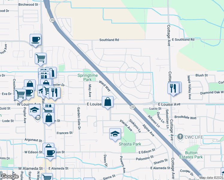 map of restaurants, bars, coffee shops, grocery stores, and more near 647 Ward Way in Manteca