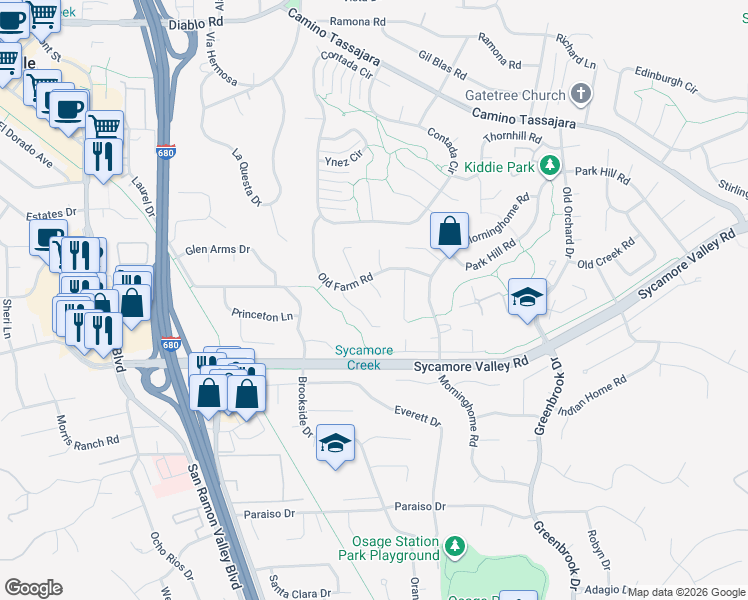 map of restaurants, bars, coffee shops, grocery stores, and more near 317 Barton Court in Danville