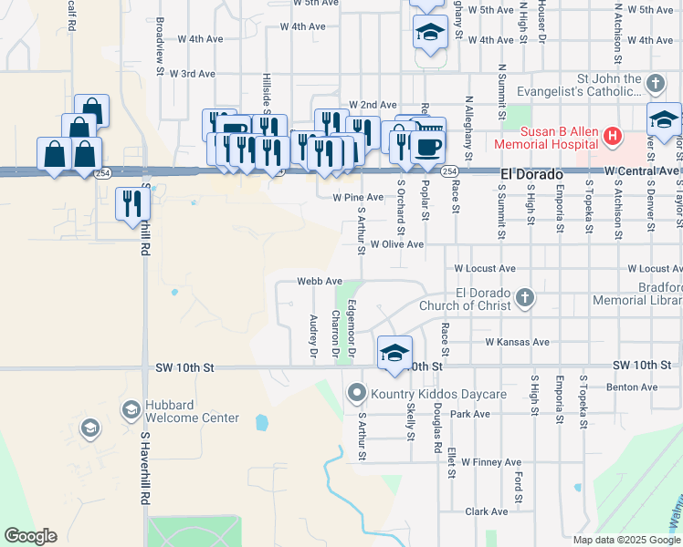 map of restaurants, bars, coffee shops, grocery stores, and more near 1708 Webb Avenue in El Dorado