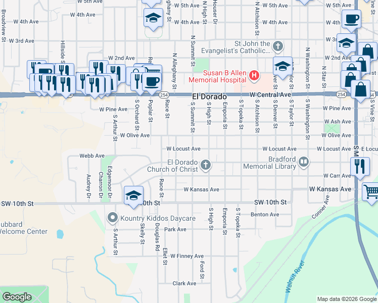 map of restaurants, bars, coffee shops, grocery stores, and more near 501 South Summit Street in El Dorado