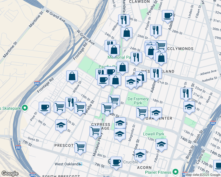 map of restaurants, bars, coffee shops, grocery stores, and more near 1717 Mandela Parkway in Oakland