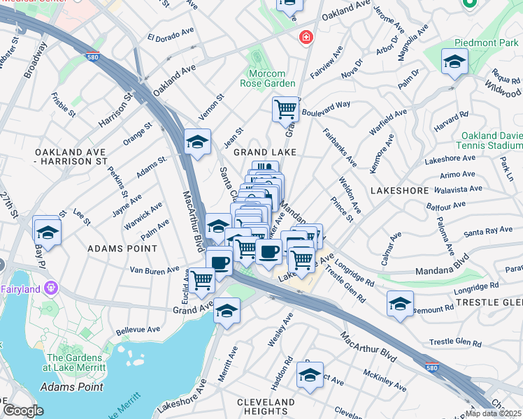 map of restaurants, bars, coffee shops, grocery stores, and more near 3415 Grand Avenue in Oakland