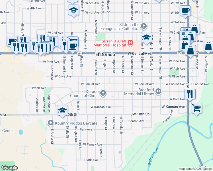 map of restaurants, bars, coffee shops, grocery stores, and more near 501 South High Street in El Dorado