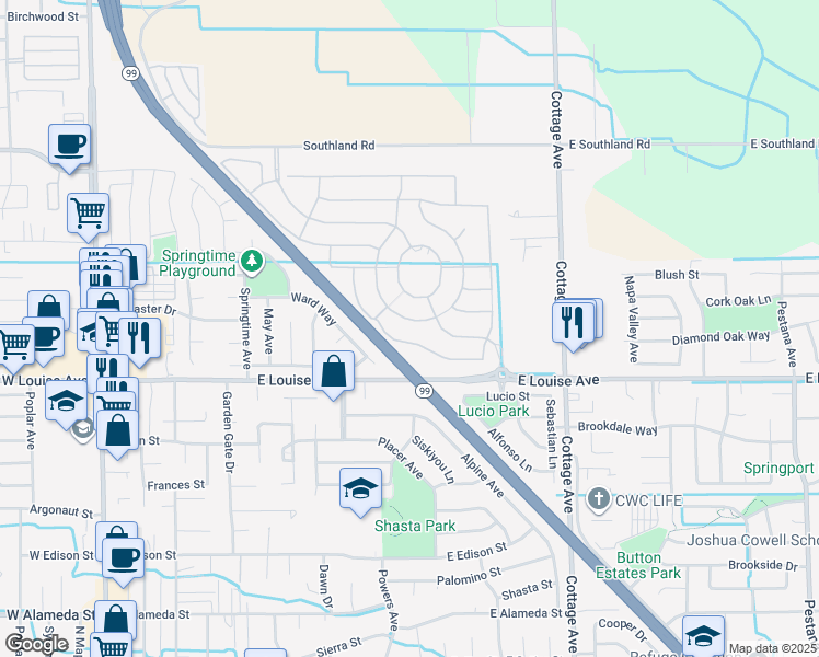 map of restaurants, bars, coffee shops, grocery stores, and more near 1221 Parkcrest Circle in Manteca