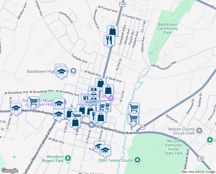 map of restaurants, bars, coffee shops, grocery stores, and more near 412 North 2nd Street in Bardstown
