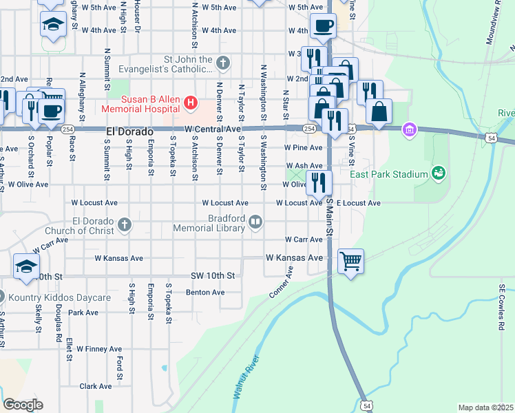 map of restaurants, bars, coffee shops, grocery stores, and more near 421 West Locust Avenue in El Dorado