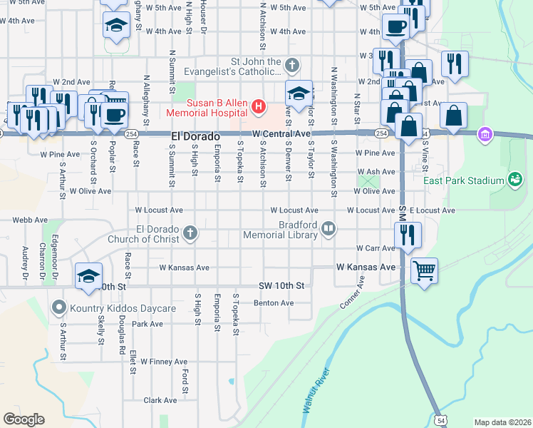 map of restaurants, bars, coffee shops, grocery stores, and more near 637 West Locust Avenue in El Dorado