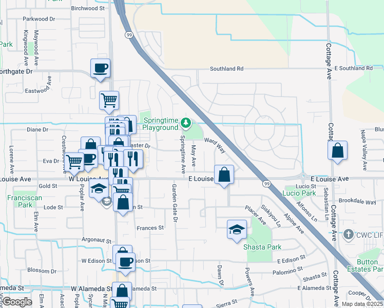 map of restaurants, bars, coffee shops, grocery stores, and more near 1188 May Avenue in Manteca