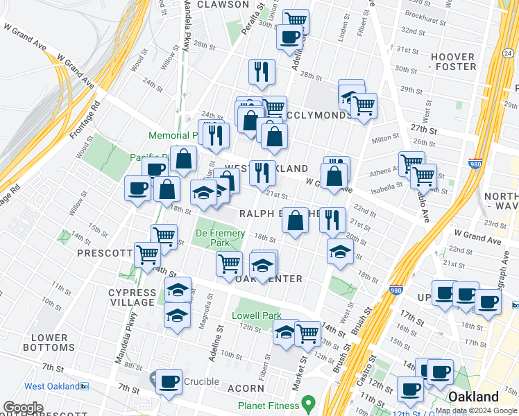 map of restaurants, bars, coffee shops, grocery stores, and more near 1912 Adeline Street in Oakland