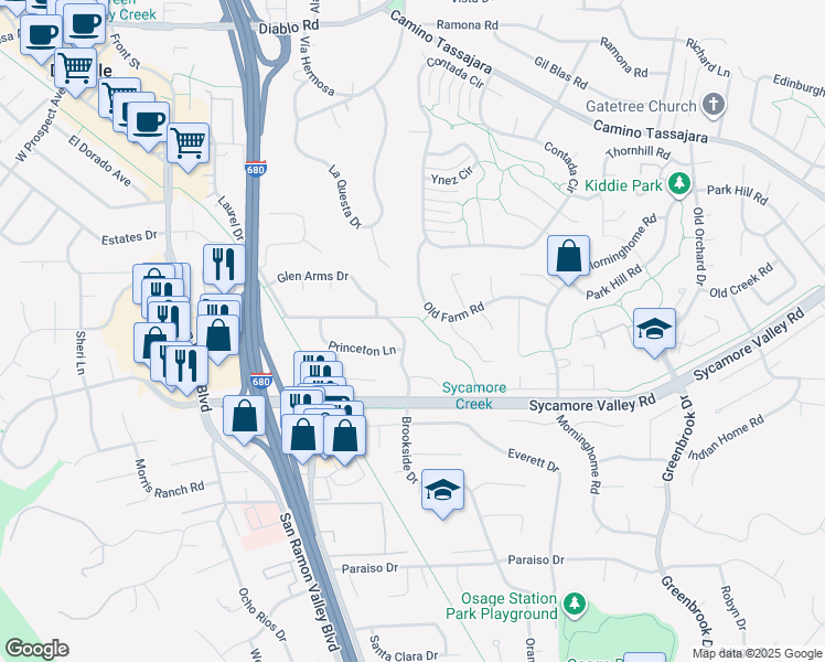 map of restaurants, bars, coffee shops, grocery stores, and more near 619 Brookside Drive in Danville