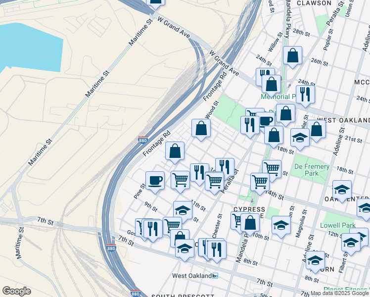 map of restaurants, bars, coffee shops, grocery stores, and more near 1405 Wood Street in Oakland