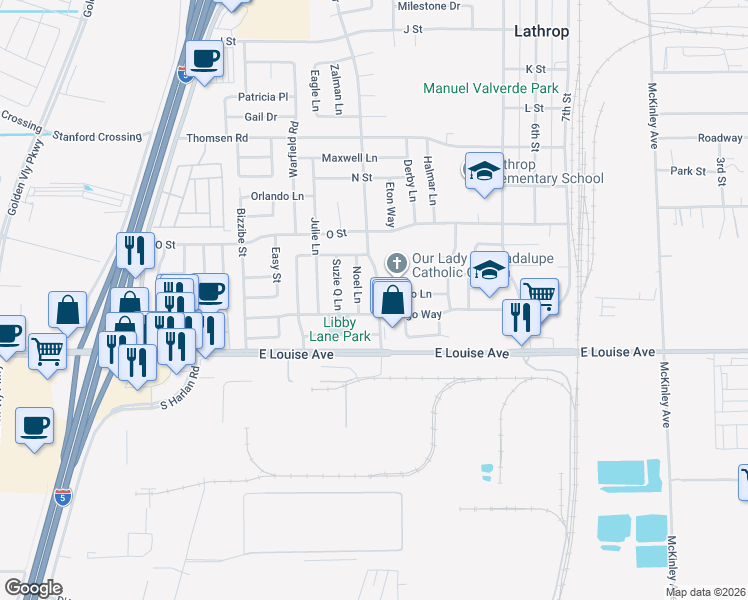 map of restaurants, bars, coffee shops, grocery stores, and more near 16333 Cambridge Drive in Lathrop