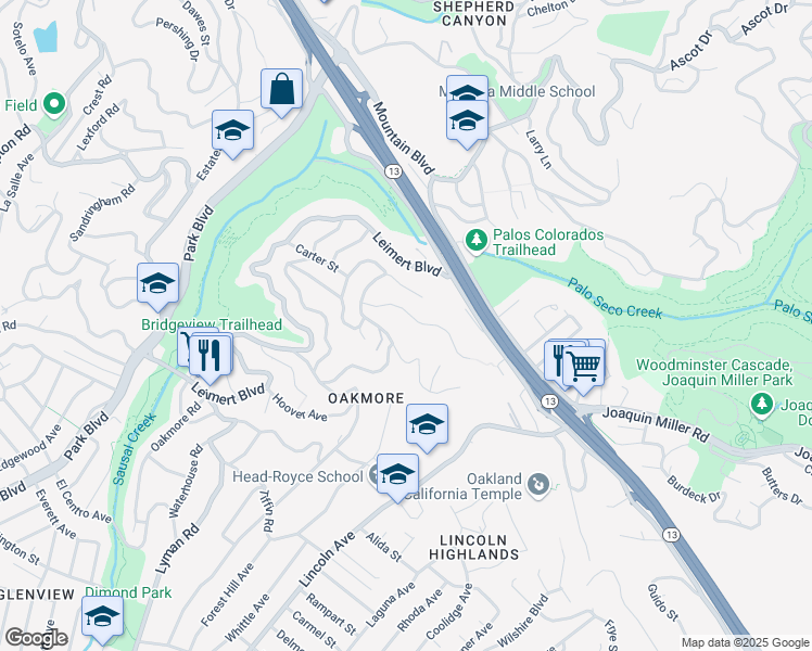 map of restaurants, bars, coffee shops, grocery stores, and more near 2093 Braemar Road in Oakland
