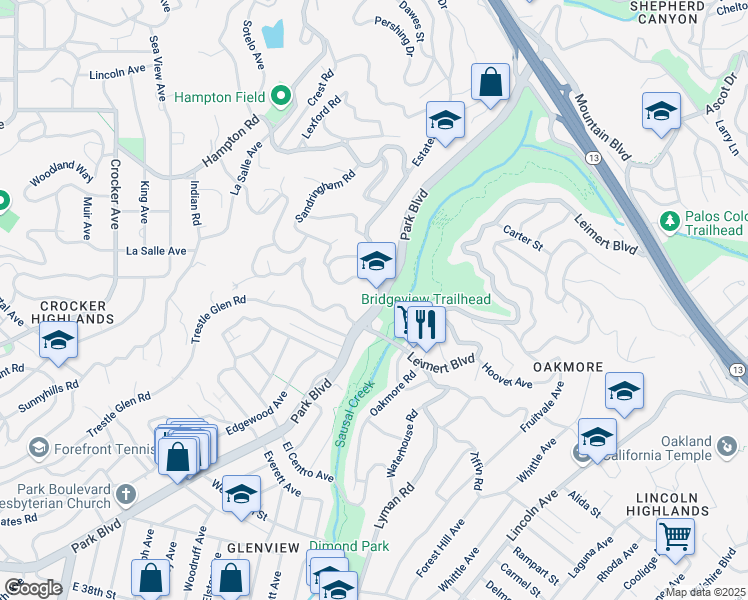 map of restaurants, bars, coffee shops, grocery stores, and more near 1 Estates Drive in Oakland