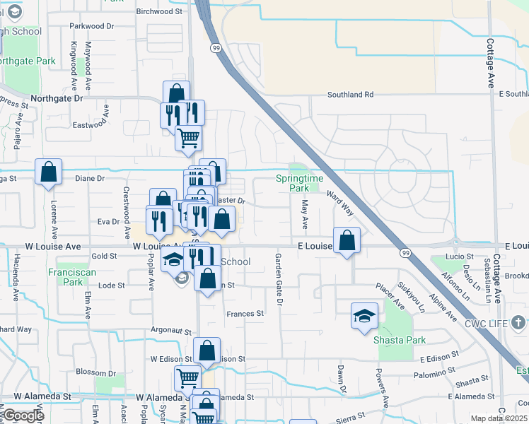 map of restaurants, bars, coffee shops, grocery stores, and more near 352 Lancaster Drive in Manteca