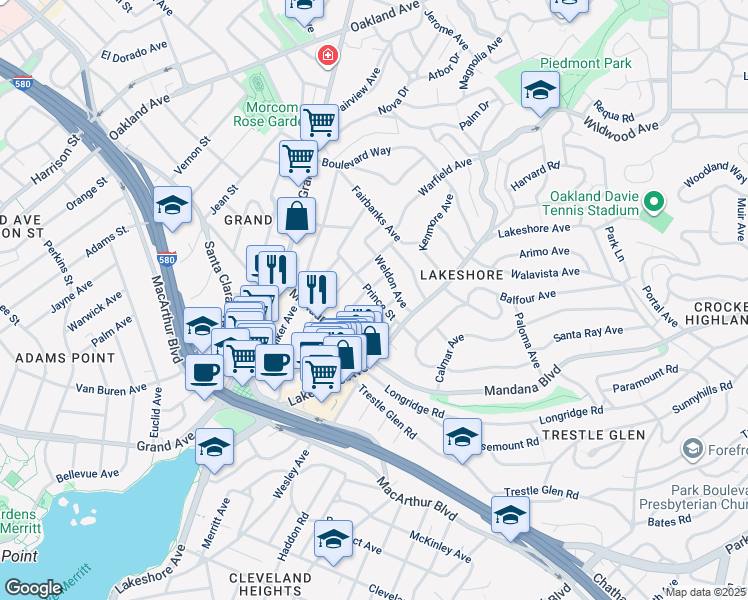 map of restaurants, bars, coffee shops, grocery stores, and more near 531 Prince Street in Oakland