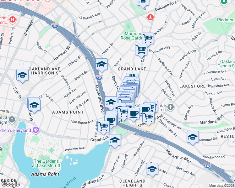 map of restaurants, bars, coffee shops, grocery stores, and more near 365 Santa Clara Avenue in Oakland