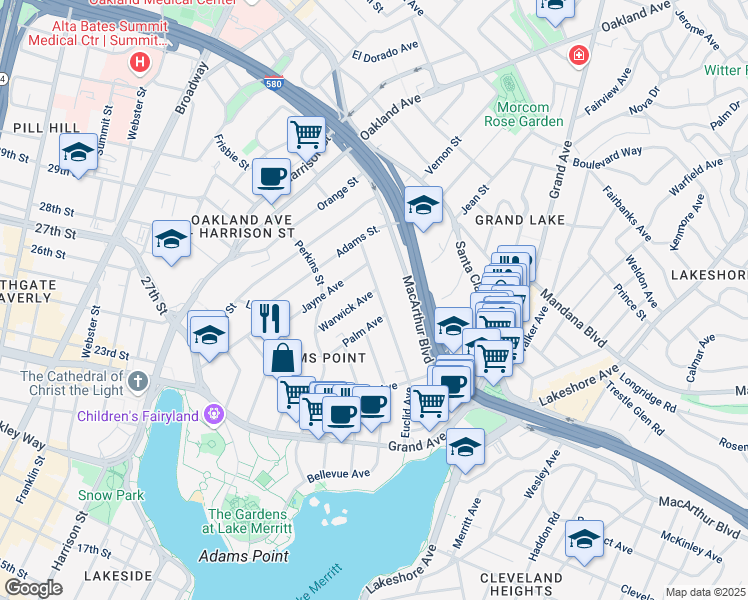 map of restaurants, bars, coffee shops, grocery stores, and more near 325 Euclid Avenue in Oakland