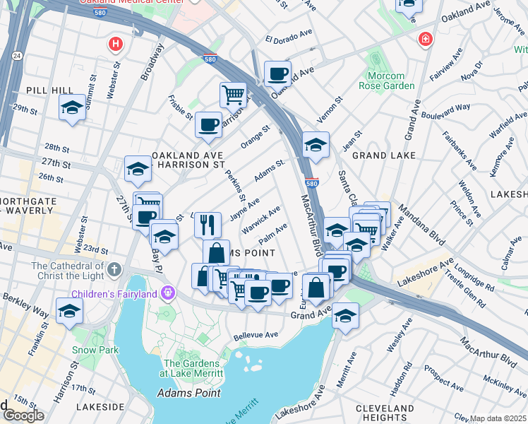 map of restaurants, bars, coffee shops, grocery stores, and more near 329 Warwick Avenue in Oakland