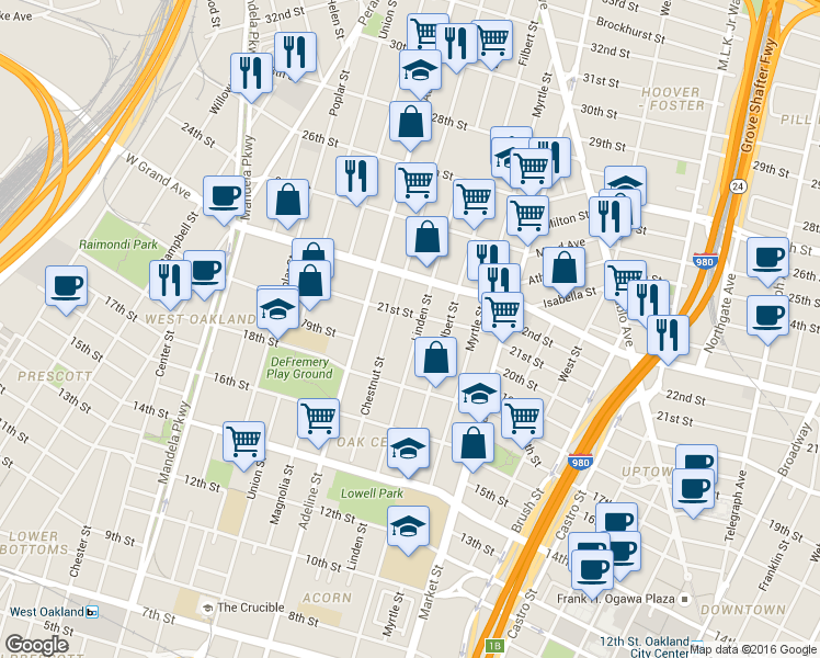map of restaurants, bars, coffee shops, grocery stores, and more near 2008 Chestnut Street in Oakland
