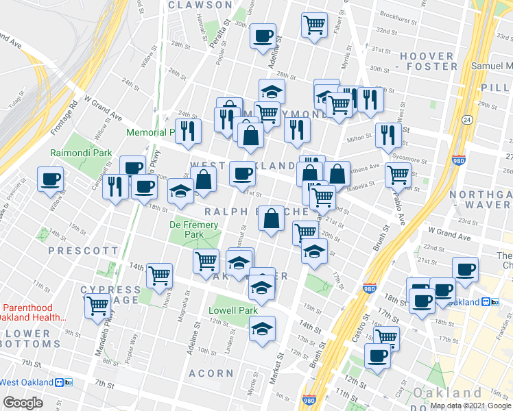 map of restaurants, bars, coffee shops, grocery stores, and more near 2008 Chestnut Street in Oakland