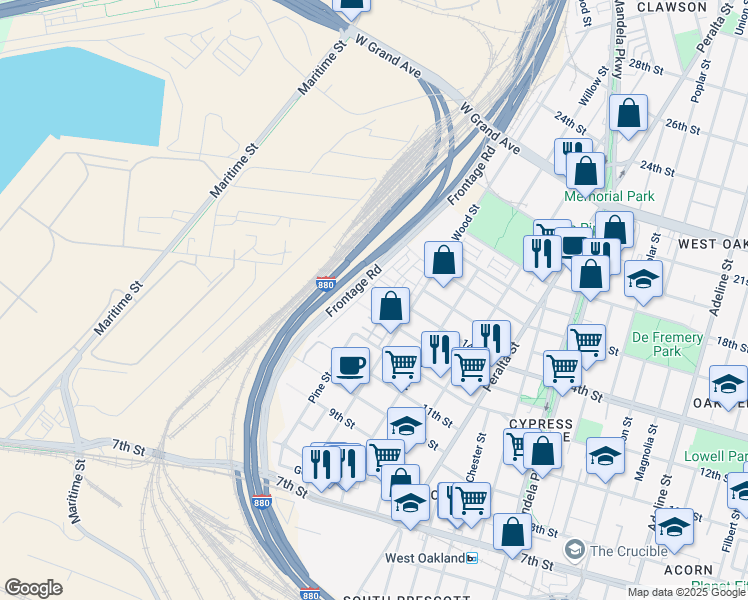 map of restaurants, bars, coffee shops, grocery stores, and more near 1801 14th Street in Oakland