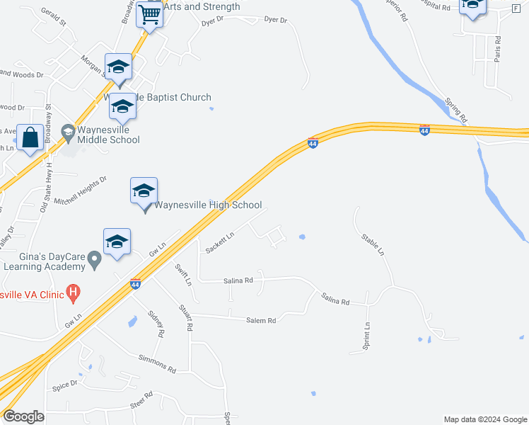 map of restaurants, bars, coffee shops, grocery stores, and more near 19706 Sackett Lane in Waynesville