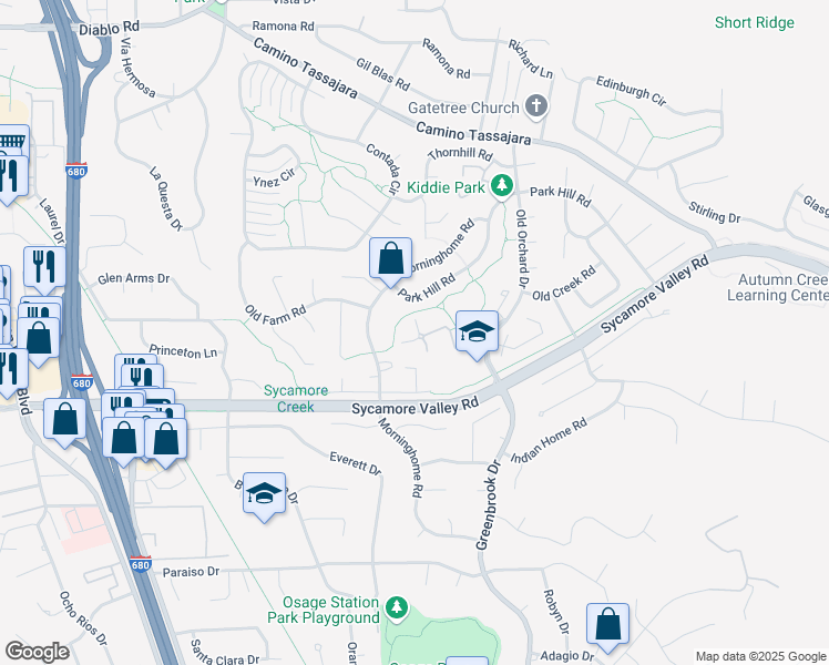 map of restaurants, bars, coffee shops, grocery stores, and more near 162 Tweed Drive in Danville