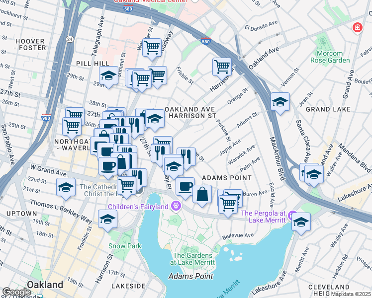 map of restaurants, bars, coffee shops, grocery stores, and more near 97 Vernon Street in Oakland