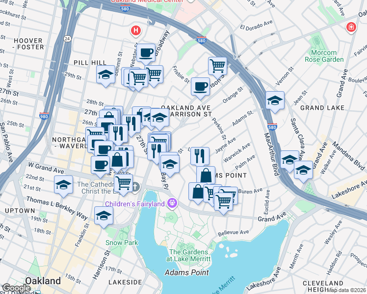 map of restaurants, bars, coffee shops, grocery stores, and more near Vernon St & Lee St in Oakland