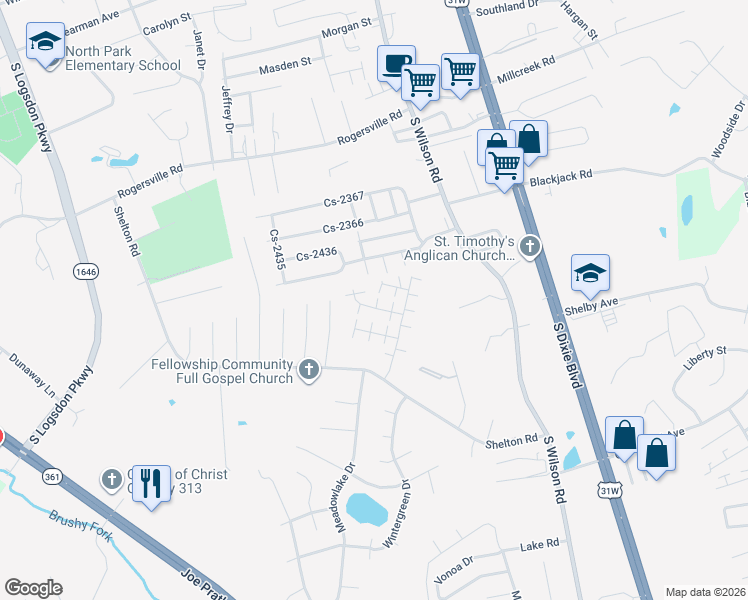 map of restaurants, bars, coffee shops, grocery stores, and more near 104 Kenilworth Court in Radcliff