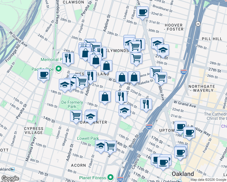 map of restaurants, bars, coffee shops, grocery stores, and more near 2023 Filbert Street in Oakland