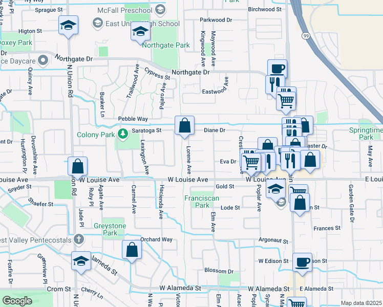 map of restaurants, bars, coffee shops, grocery stores, and more near 654 Helen Court in Manteca