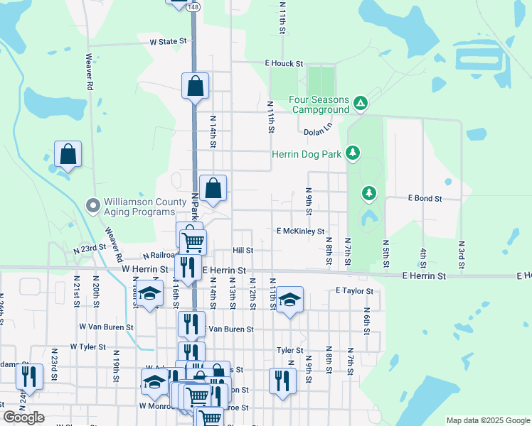 map of restaurants, bars, coffee shops, grocery stores, and more near 400-498 E Bryan St in Herrin