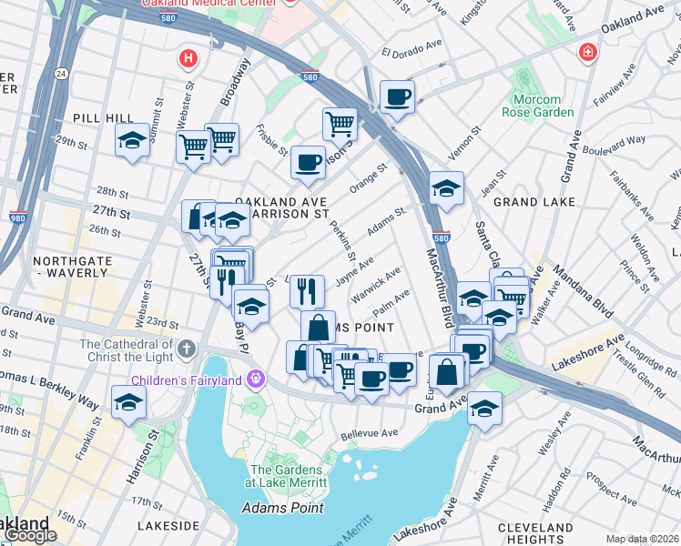 map of restaurants, bars, coffee shops, grocery stores, and more near 295 Jayne Avenue in Oakland