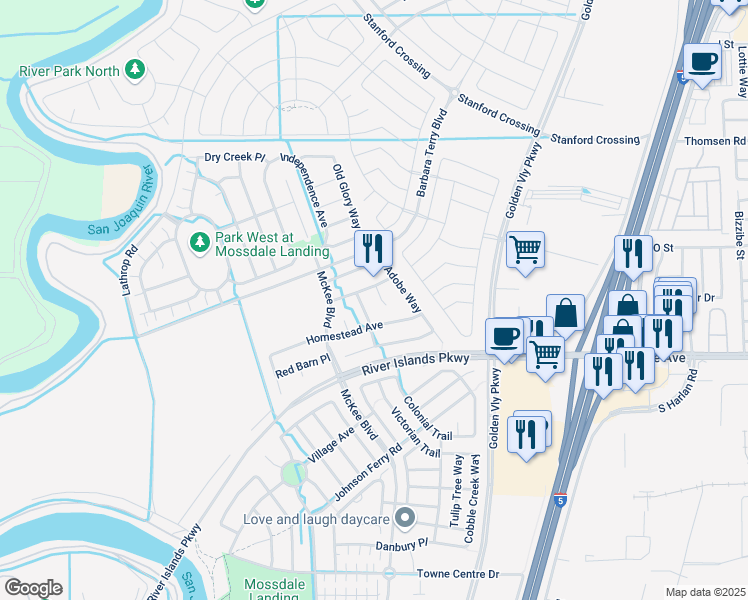 map of restaurants, bars, coffee shops, grocery stores, and more near 16289 Prairie Fire Court in Lathrop