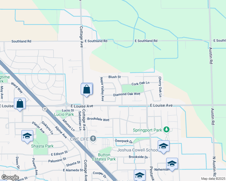 map of restaurants, bars, coffee shops, grocery stores, and more near 1478 Trellis Street in Manteca