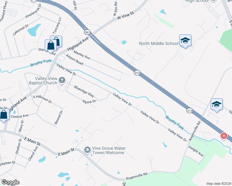map of restaurants, bars, coffee shops, grocery stores, and more near 362 Valley View Drive in Vine Grove