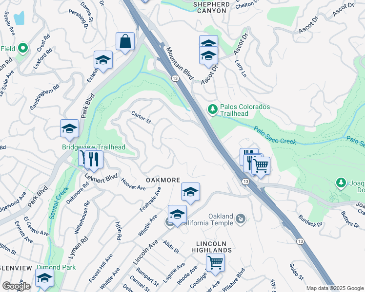 map of restaurants, bars, coffee shops, grocery stores, and more near 2093 Braemar Road in Oakland