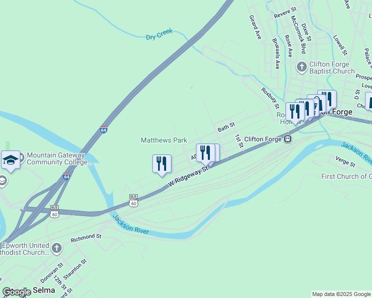 map of restaurants, bars, coffee shops, grocery stores, and more near 329 Bath Street in Clifton Forge