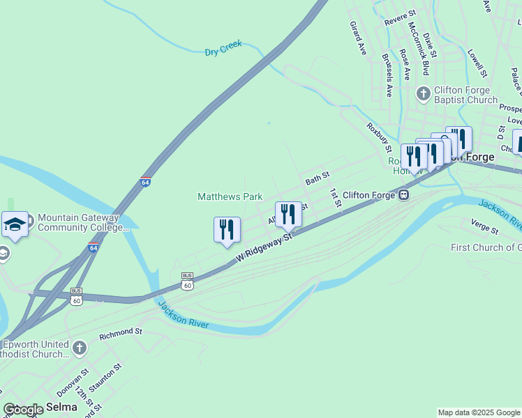 map of restaurants, bars, coffee shops, grocery stores, and more near 329 Bath Street in Clifton Forge